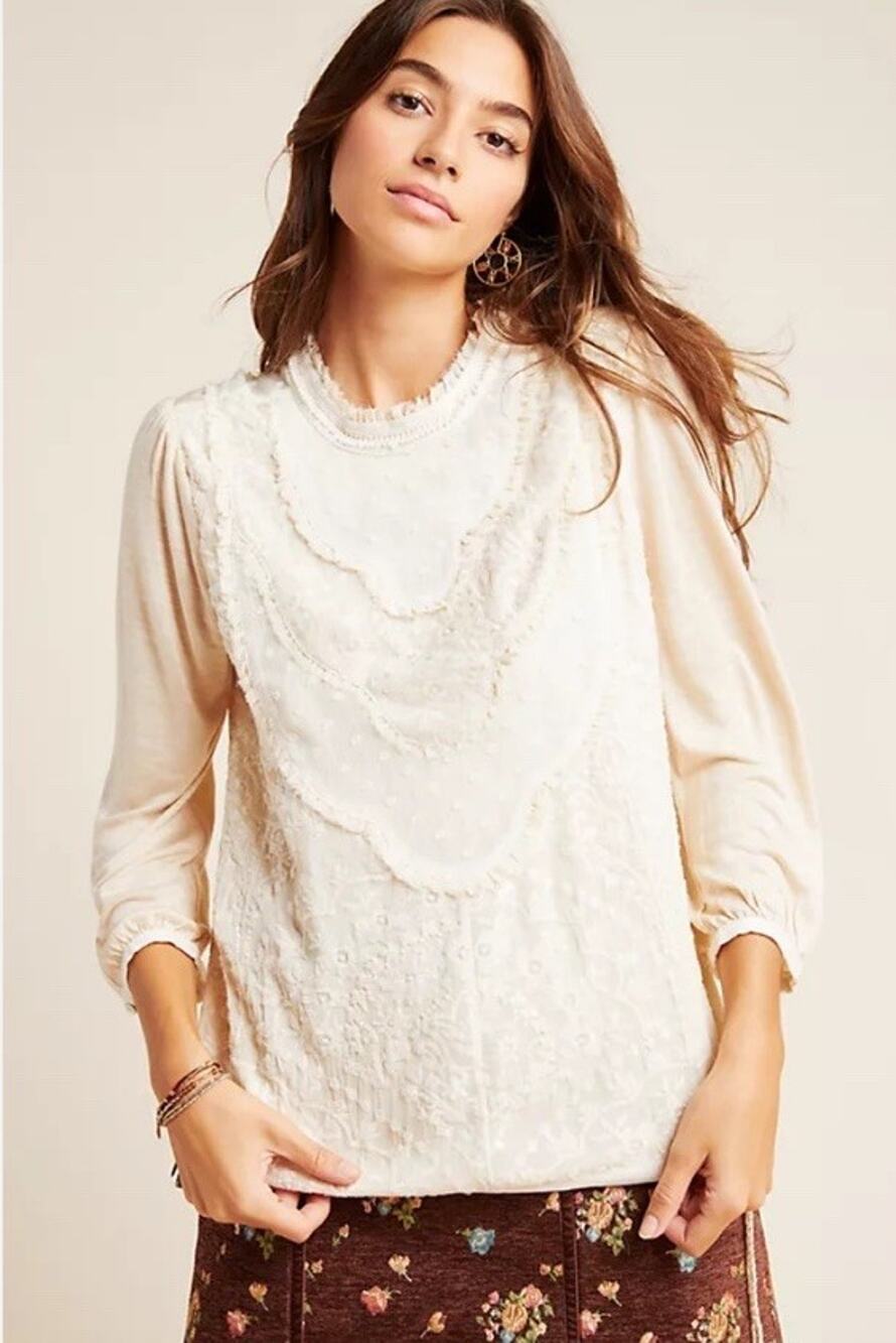 Anthropologie S Tiny Finja Embroidered Lace Ruffle Ivory Blouse Top Peasant